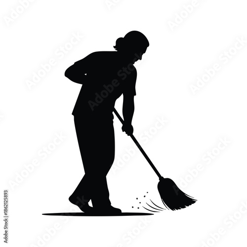 Silhouette of a person sweeping with a broom on a plain white background with a simple composition.