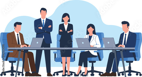 Vector illustration of professional business team working in office conference room with laptops at meeting table for corporate teamwork concept