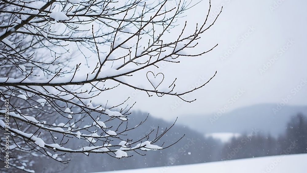 Obraz premium Snowy landscape with bare tree branch and heart shaped twig