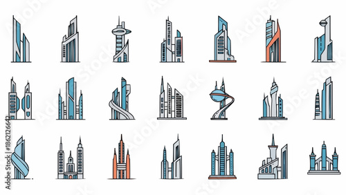 Collection of futuristic skyscrapers and modern city buildings.