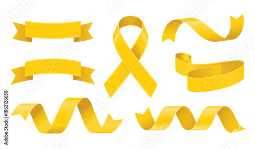 Yellow ribbon realistic vector illustration set isolated on white background