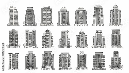 Collection of Diverse Architectural Building Styles Hand Drawn Sketch.