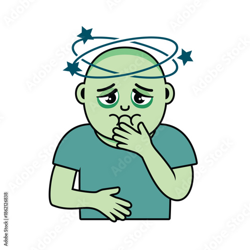 Poor man with nausea and dizziness vector illustration. Funny green vomiting man cartoon. Suffering sick man with spinning head icon isolated on a white background. Gagging guy simple icon