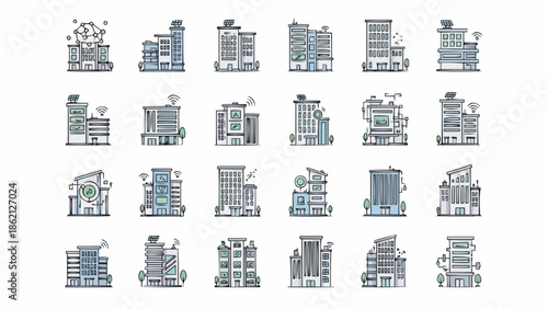 Collection of Modern Building Icons Representing Architecture and Cityscapes.