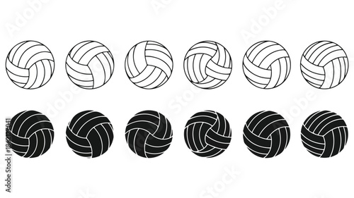 A graphic illustration of volleyball icons in two rows, one in black and white line art and the other in solid black with white lines, on a plain white background.