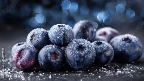 Close-up of fresh blueberries with delicate bloom dusting against a dark bokeh background