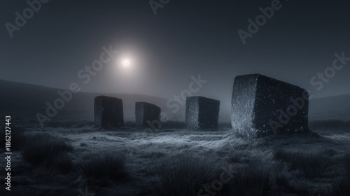 Dramatic moonlit silhouette of ancient standing stones in a foggy night landscape