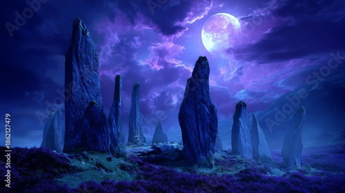 Dramatic moonlit silhouette of ancient stones in a mystical purple landscape