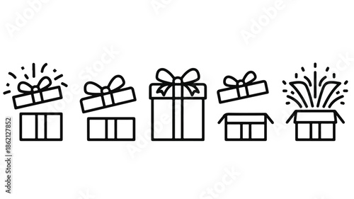 A set of black line icons depicting various gift boxes with bows and ribbons on a white background.