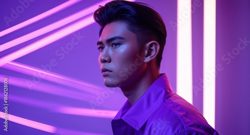 Purple modern serious side view on ultraviolet club light streaks background filipino asian man portrait fashion style concept photoshoot for banner