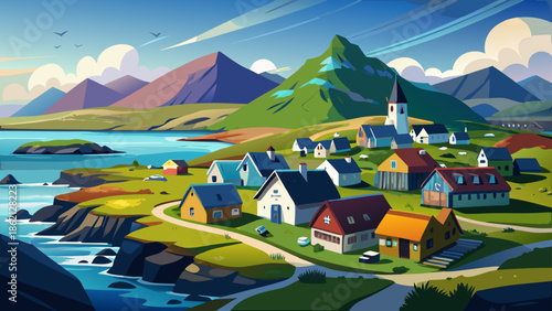 Very beautiful aerial summer view of Kirkjubøur village with Hestur Island in the background, Faroe Islands, Denmark, showcasing peaceful rural life and breathtaking Scandinavian coastal nature.