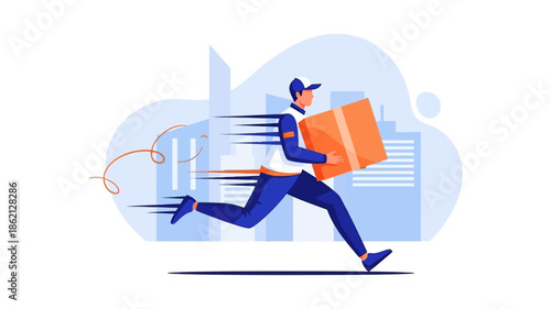 Delivery man rushing with package in hand across cityscape