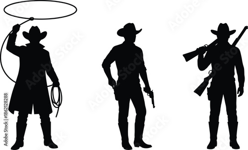 Wild west cowboy silhouettes with lasso pistol and rifle, western gunslinger characters isolated on white background illustration vector art concept