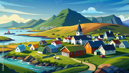 Very beautiful aerial summer view of Kirkjubøur village with Hestur Island in the background, Faroe Islands, Denmark, showcasing peaceful rural life and breathtaking Scandinavian coastal nature.