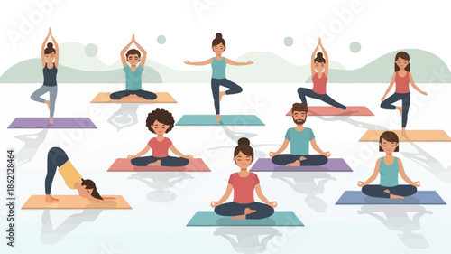 Diverse group of people practicing various yoga poses on colorful mats in a serene setting