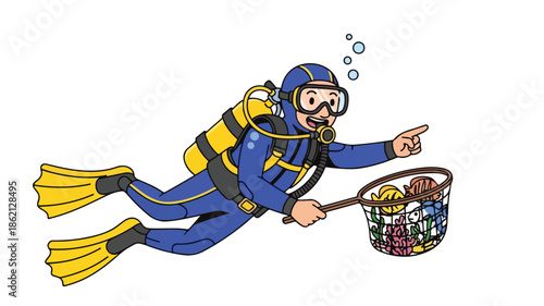 Cartoon scuba diver in blue and yellow gear pointing at a colorful fish basket underwater with bubbles rising.