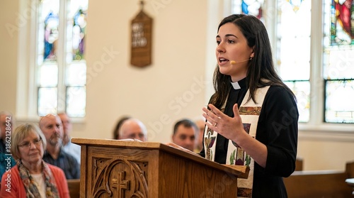 Modern preacher is preaching the religious gospel to congregation during sunday service