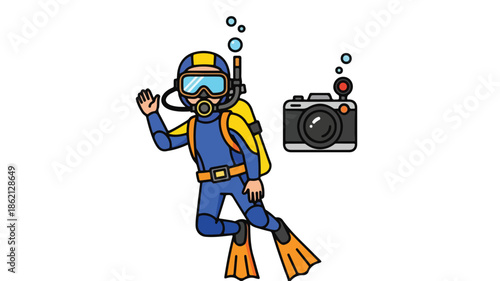 A cartoon scuba diver in a blue and yellow wetsuit waves while holding a camera with bubbles rising, on a white background.