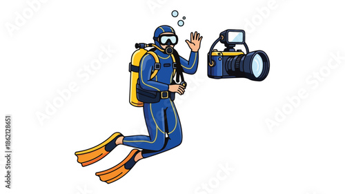 A scuba diver in a blue and yellow wetsuit waves while swimming with a camera floating beside them against a clean white background.