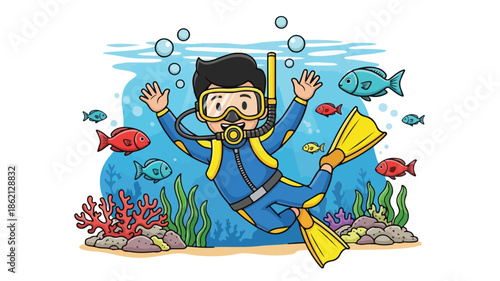 Cartoon illustration of a scuba diver in a blue and yellow wetsuit swimming underwater with colorful fish coral and seaweed.