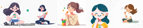 Vector Illustration of a Beautiful Girl Eating a Snack