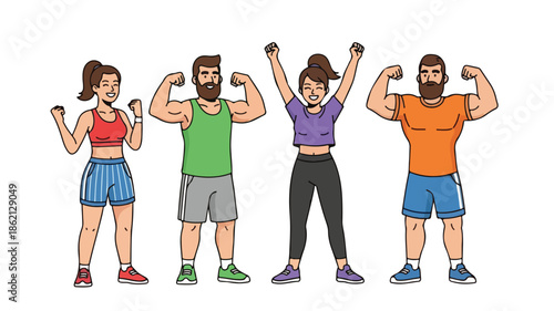 Cartoon illustration of four diverse people flexing their arms in a playful, colorful pose against a clean white background.