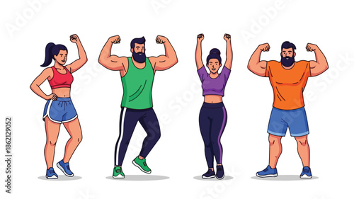 Four cartoon-style people flexing their arms in a playful, colorful illustration with a plain white background.