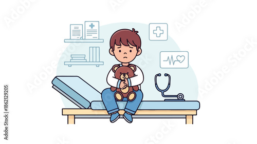 A young boy sitting on a medical examination table, holding a teddy bear in a doctor's office with a stethoscope and medical icons in the background, conveying a sense of comfort and care.