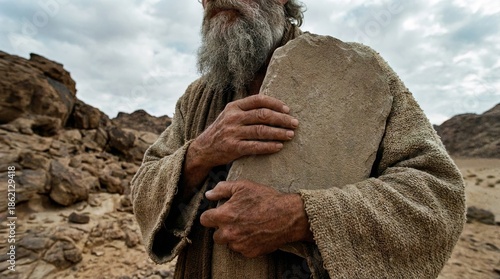 Moses is holding stone tablets with the 10 commandments