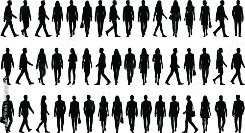 Business people walking silhouette collection showing men and women movement poses isolated on white background, crowd, urban, corporate lifestyle concept