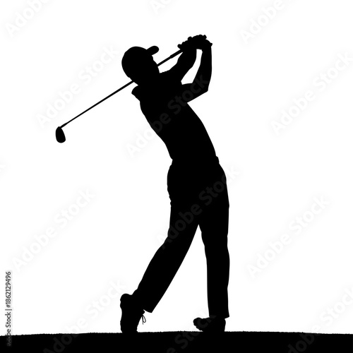Silhouette of a golfer swinging club with powerful backswing.