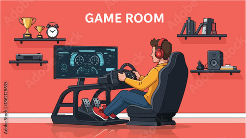 Illustration of a young man wearing headphones sitting in a racing simulator chair in a game room with various gaming accessories on shelves.