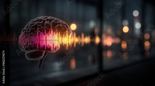 Intricate brain illustration with sound wave symbolizing neural connections and timelines in an innovative dashboard concept