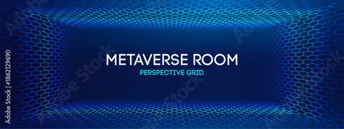 Metaverse grid floor background with hexagon hex bg for business space. Cyberpunk vr 3d mesh and futuristic abstract tech conference. Neon light effect with blue digital perspective and depth.