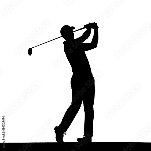 Silhouette of a golfer swinging golf club with white background.
