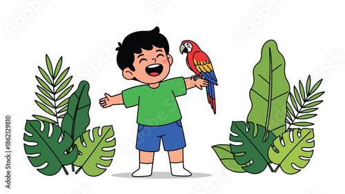 A cheerful young boy standing with a colorful parrot on his arm surrounded by lush green tropical leaves on a white background.