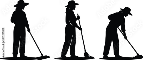 Female cleaning worker silhouettes mopping floor showing housekeeping service, sanitation job, routine maintenance, professional labor, hygiene, minimal work illustration concept
