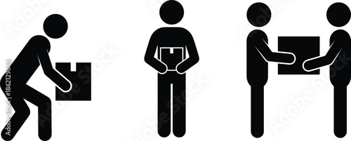 Logistics worker silhouette sequence lifting, holding, and handing package boxes isolated on white background, delivery, warehouse, shipping workflow concept illustration