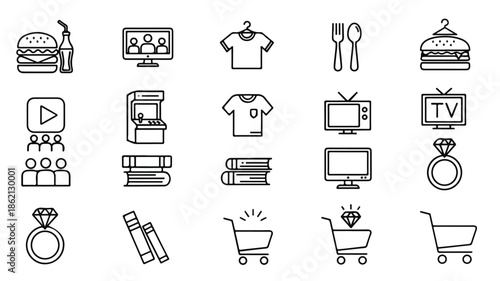 A flat lay of various black line icons depicting everyday objects and media symbols on a clean white background.