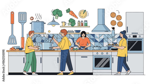 People cooking together in a modern kitchen with vegetables and food