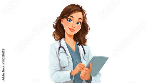 Smiling female doctor holding digital tablet medical professional illustration healthcare worker portrait isolated on white background