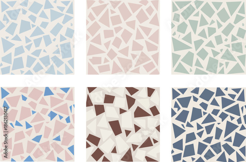 Six abstract mosaic tile patterns in pastel shades on transparent background

