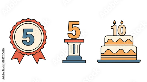 Flat design icons of a rosette, trophy, and birthday cake with numbers on a white background, conveying celebration and achievement.