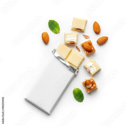 Assorted chocolates and almonds isolated on white background