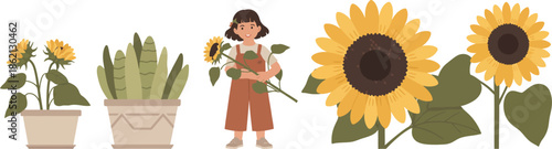 Set of cute girl character with sunflowers and potted plants illustrations for summer gardening and botanical floral designs on transparent background