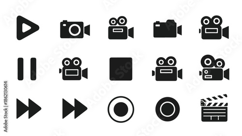 A flat lay of various black video and camera icons on a clean white background.