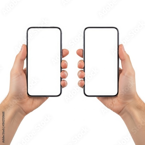Two hands holding smartphones, isolated on white background
