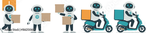 futuristic delivery robot characters carrying parcels and riding electric scooters for modern logistics and automated shipping concepts on transparent background