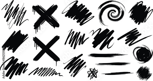 Black Ink Brush Strokes and Scribble Textures vector illustration