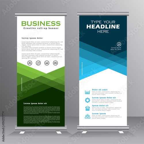 Business roll up banner design vertical template vector, cover presentation abstract geometric background, modern publication x-banner, Roll up banner with green and blue colour,